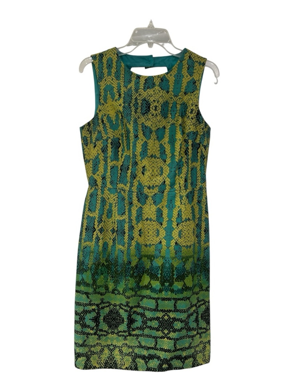 Sleeveless Teal and Green Patterned Sheath Dress